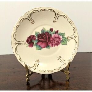 Vintage Unmarked Porcelain Rose Butter Plate Scalloped Gold Trim 5 Inch Floral